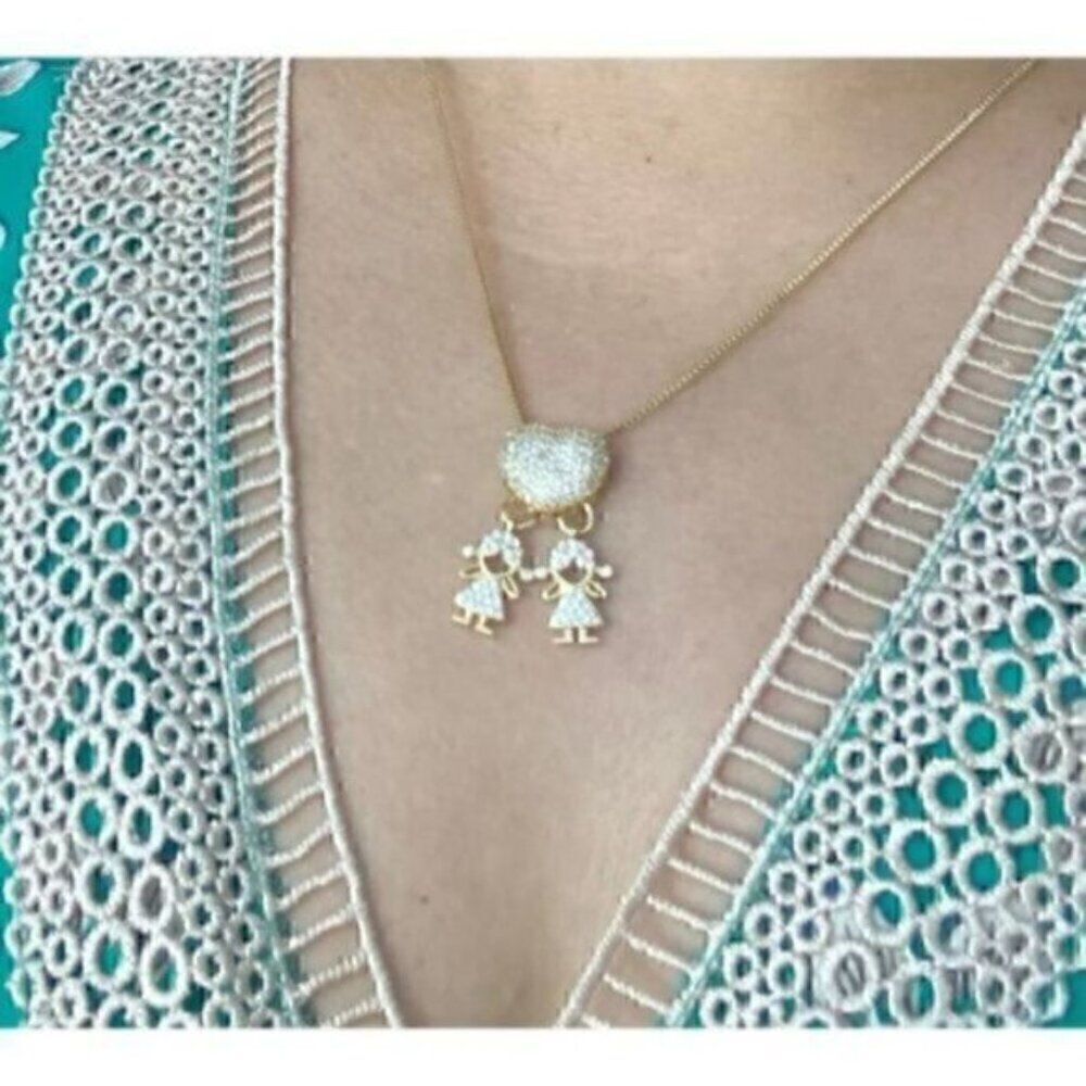 Gold Color Cubic Zirconia Family 2 girls Pendant Necklace Copper Chain Jewelry - Picture 2 of 2
